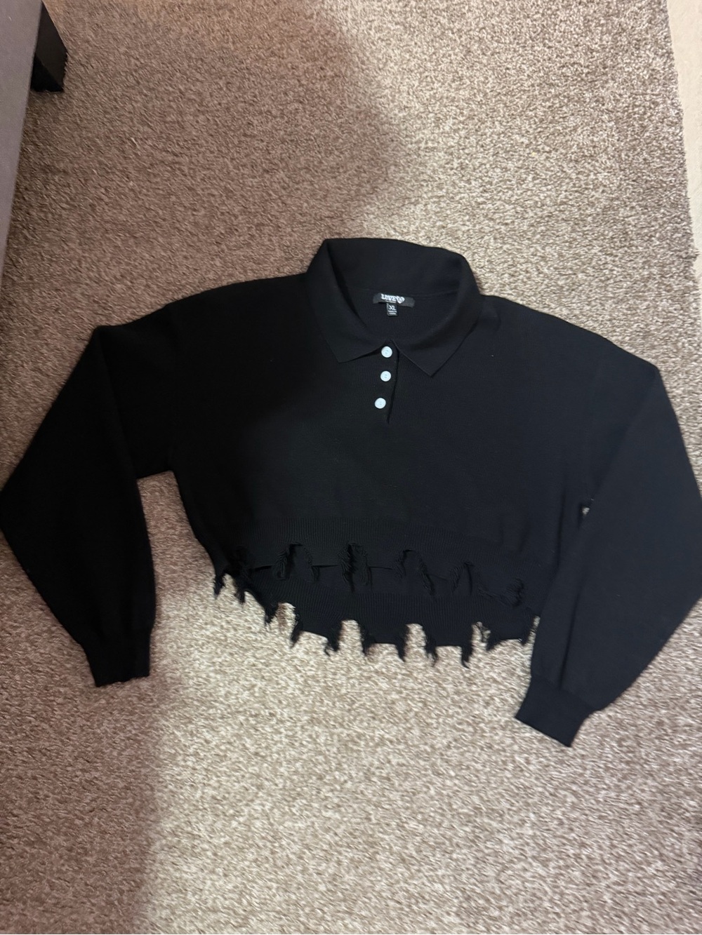 Black Cropped Polo Sweater with Distressed Hem - Unknown Brand